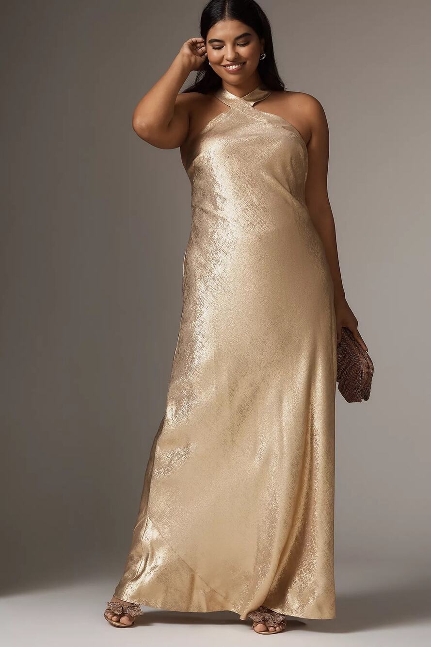 Adrianna Papell Halter Floor-Length Jacquard Metallic Formal Wedding Guest Dress